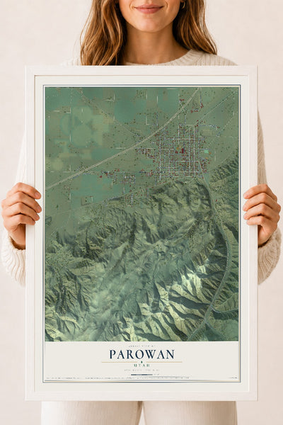 Map of Parowan, Utah, 18 x 24 inch print in a white wood frame