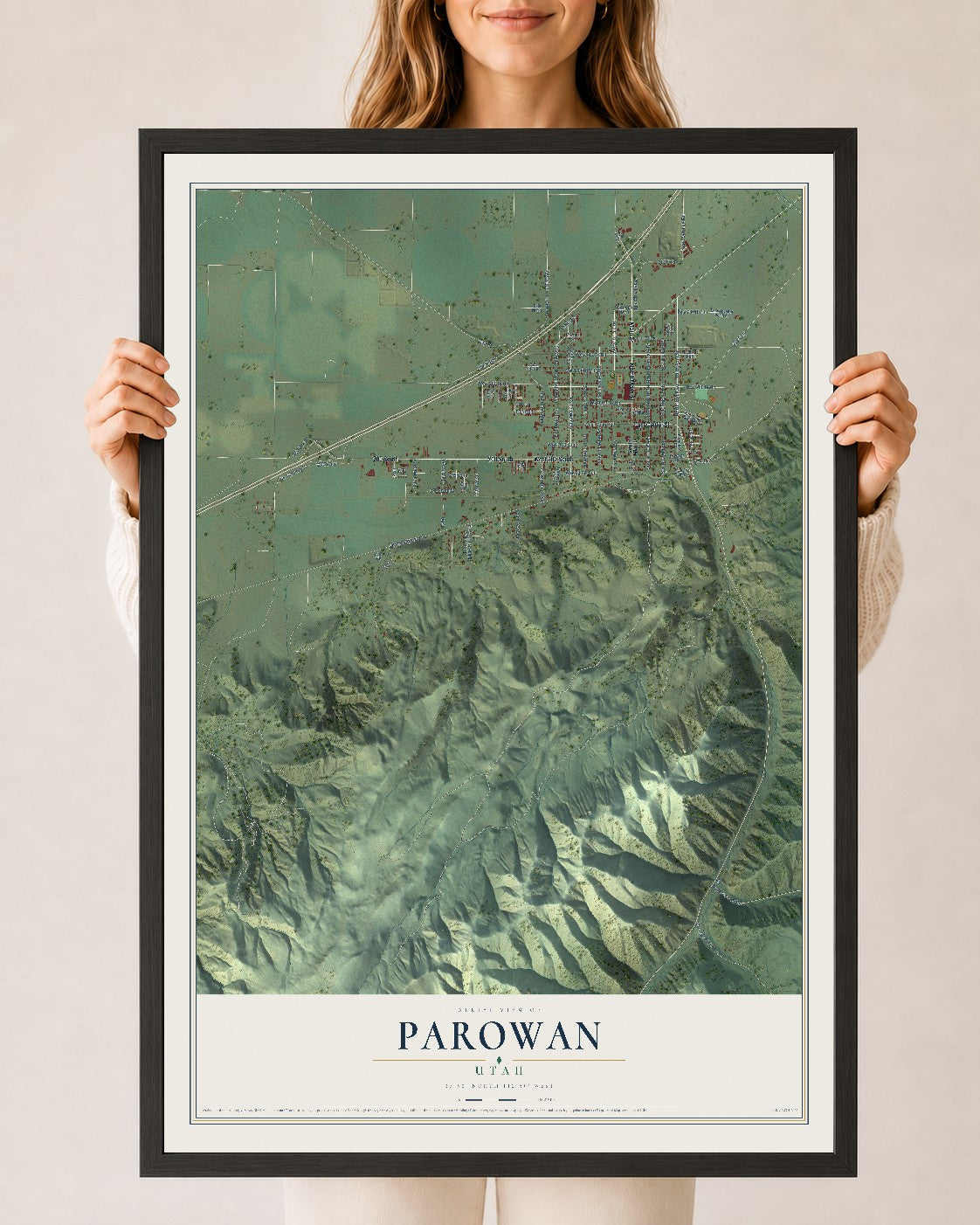 Map of Parowan, Utah, 24 x 36 inch print in a black wood frame