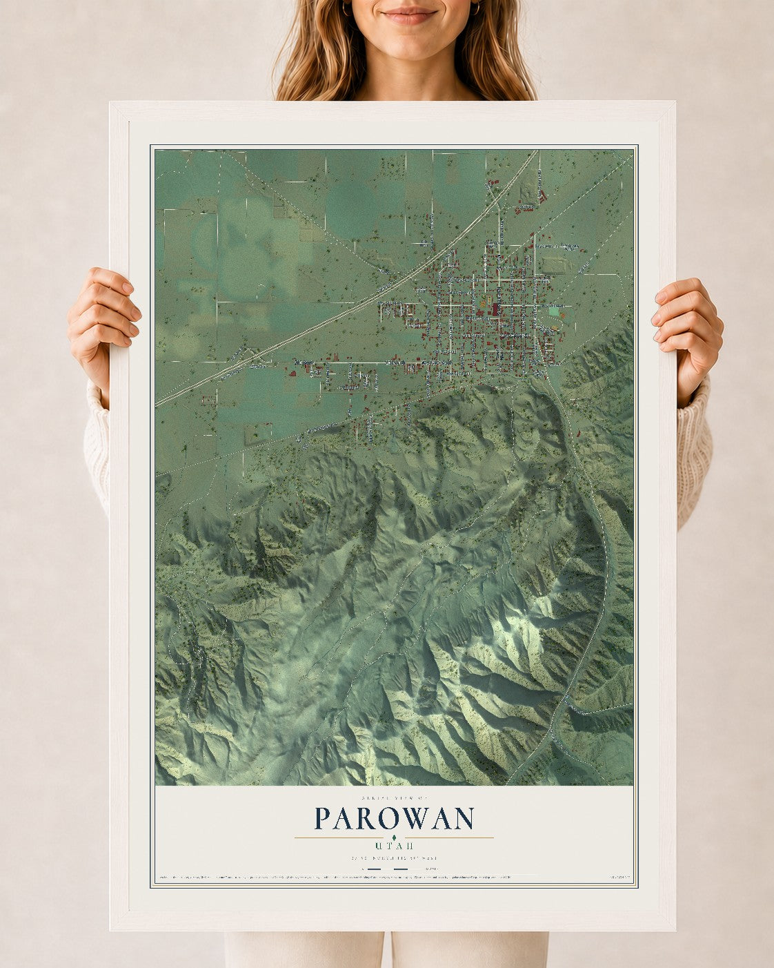 Map of Parowan, Utah, 24 x 36 inch print in a white wood frame