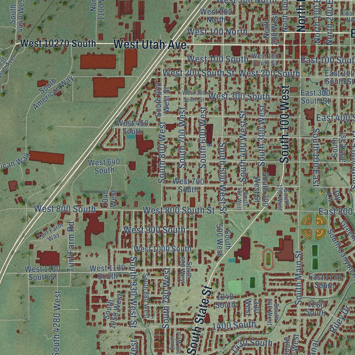 Close-up of the map of Payson, Utah print showing street and building detail