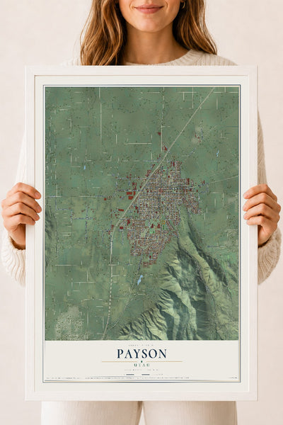 Map of Payson, Utah, 18 x 24 inch print in a white wood frame