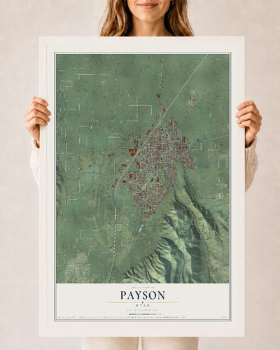 Map of Payson, Utah, 24 x 36 inch print in a white wood frame