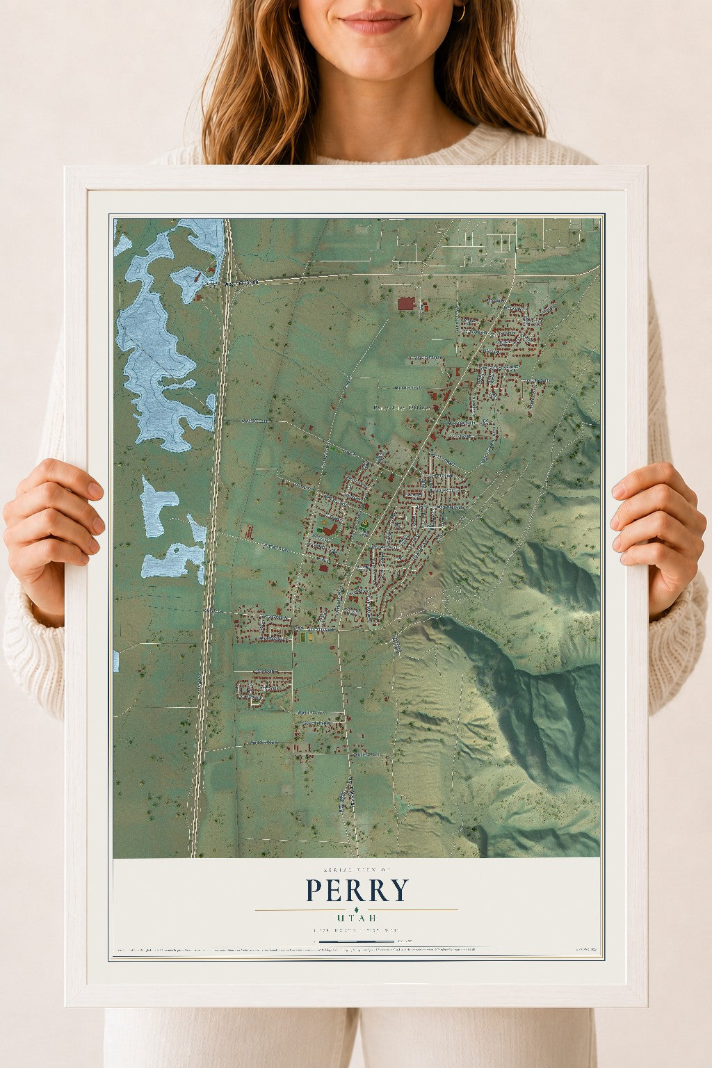 Map of Perry, Utah, 18 x 24 inch print in a white wood frame