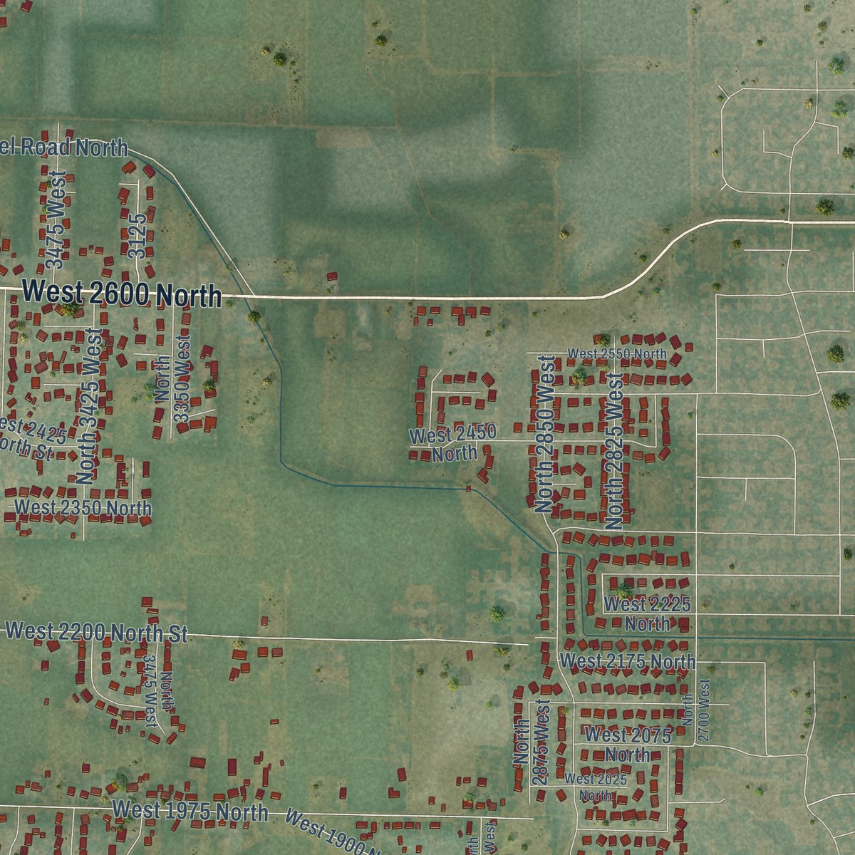 Second close-up of the map of Plain City, Utah print showing more streets and buildings