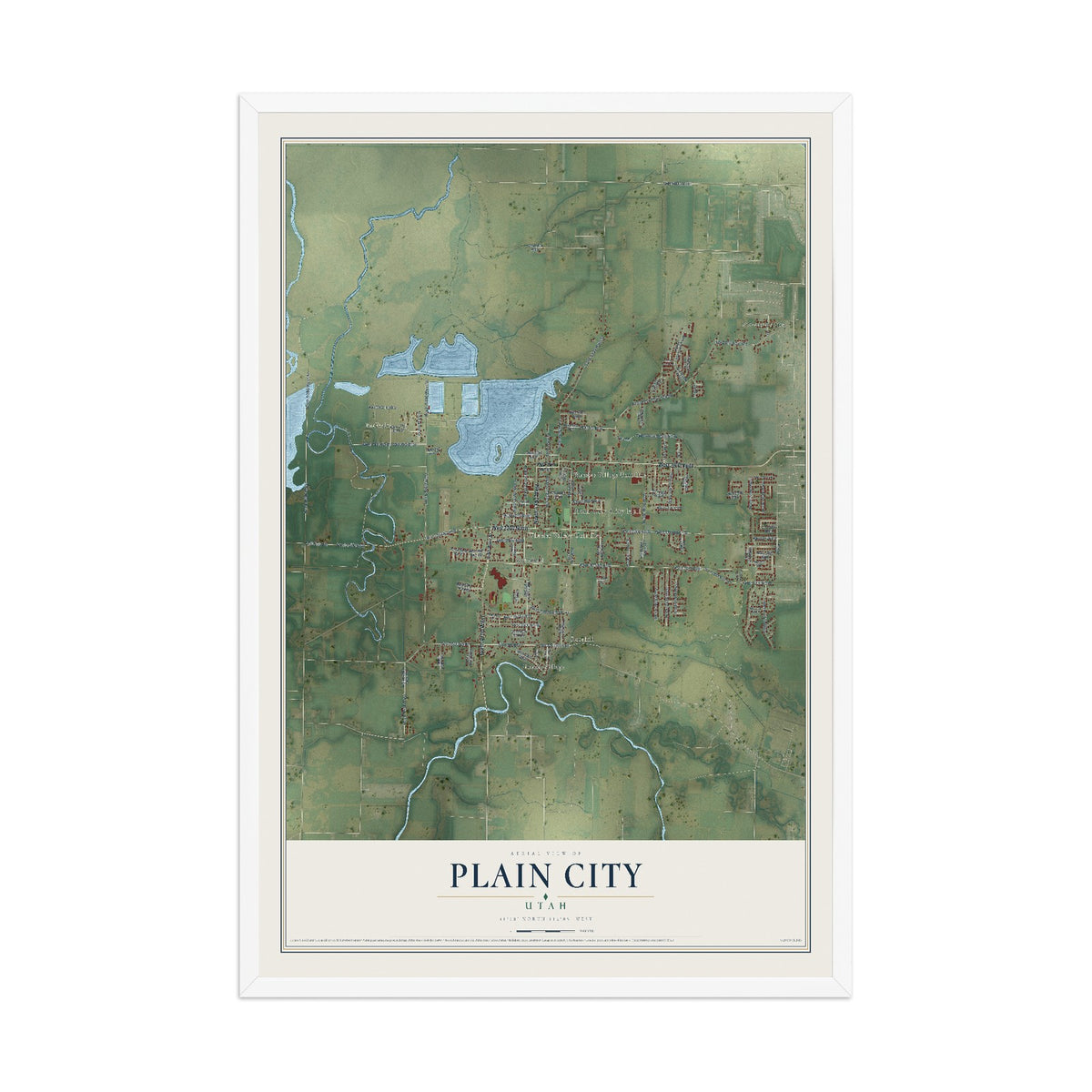 Map of Plain City, Utah, 12 x 18 inch print in a white wood frame