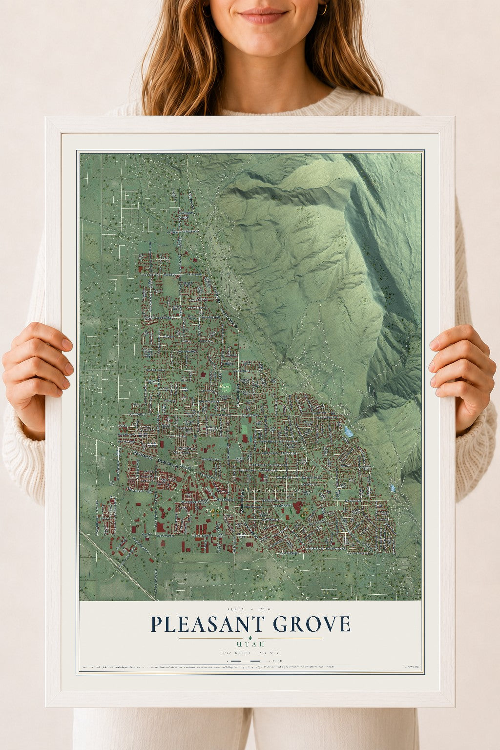 Map of Pleasant Grove, Utah, 18 x 24 inch print in a white wood frame