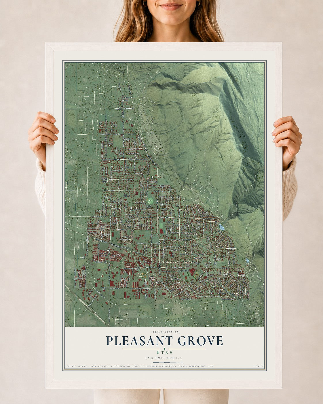 Map of Pleasant Grove, Utah, 24 x 36 inch print in a white wood frame
