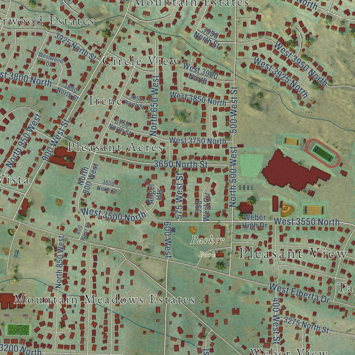 Close-up of the map of Pleasant View, Utah print showing street and building detail