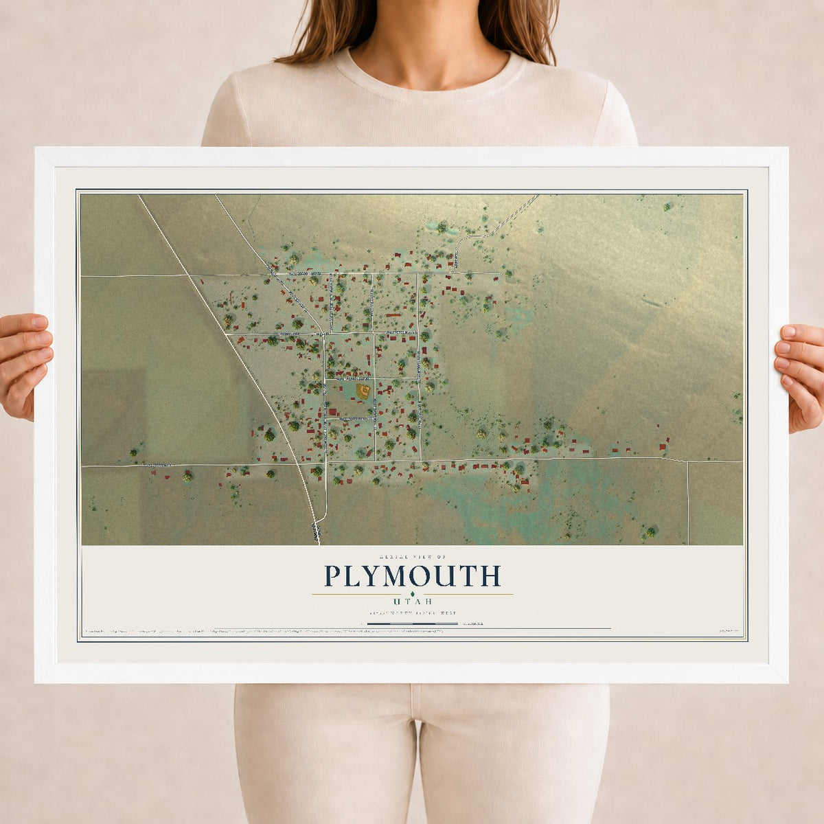 Map of Plymouth, Utah, 18 x 24 inch print in a white wood frame