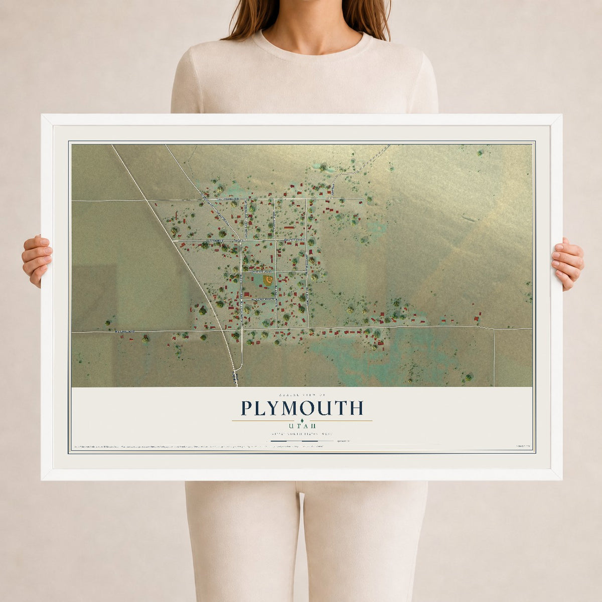 Map of Plymouth, Utah, 24 x 36 inch print in a white wood frame
