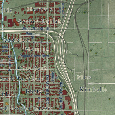 Close-up of the map of Poplar Grove, Utah print showing street and building detail