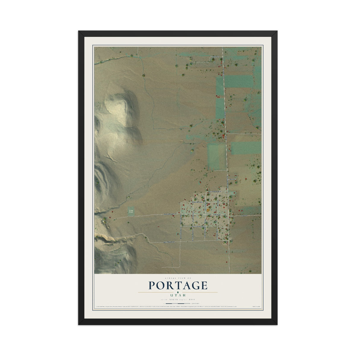 Map of Portage, Utah, 12 x 18 inch print in a black wood frame