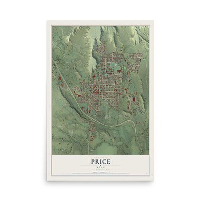 Map of Price, Utah, 12 x 18 inch unframed archival matte print