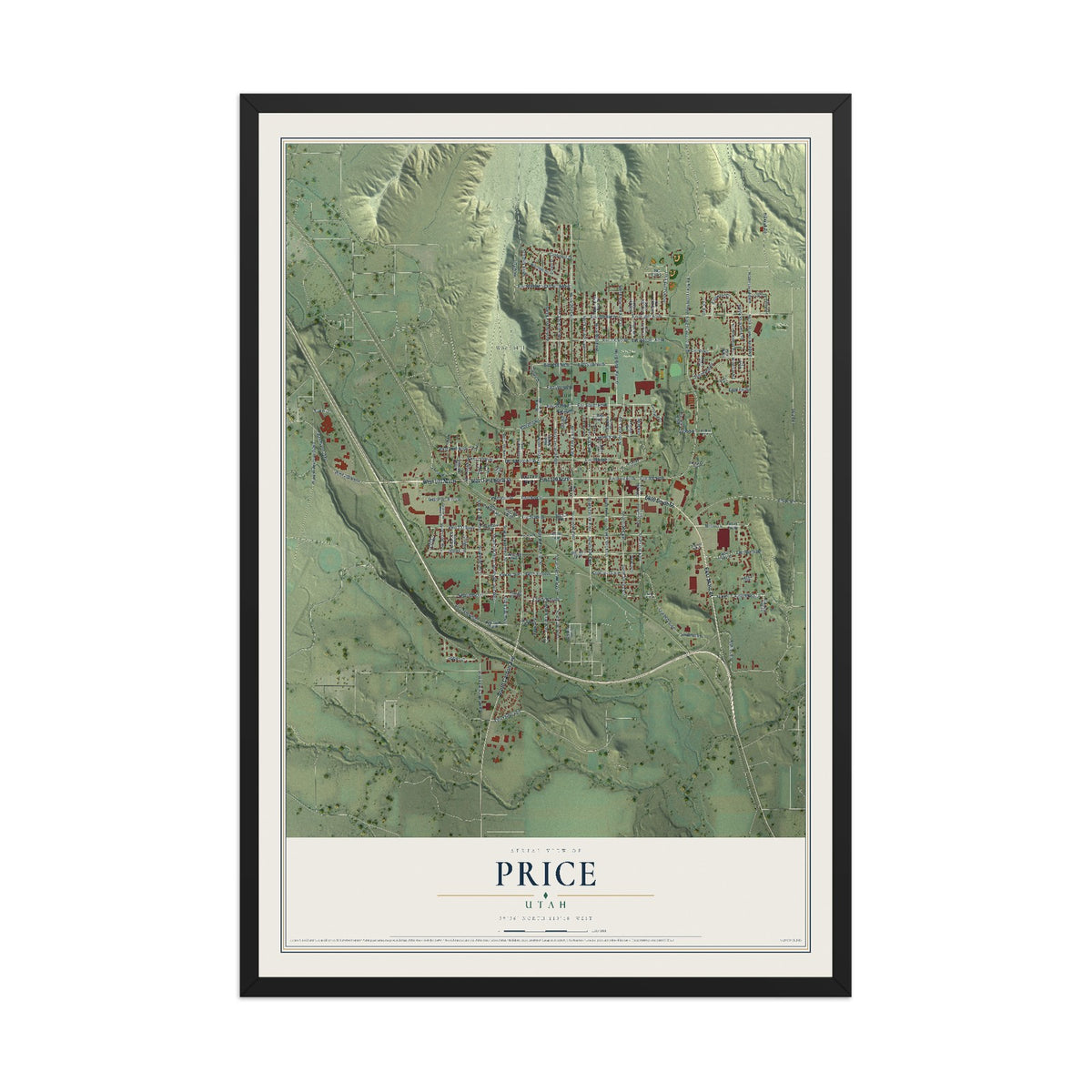 Map of Price, Utah, 12 x 18 inch print in a black wood frame