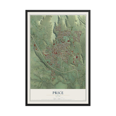 Map of Price, Utah, 12 x 18 inch print in a black wood frame