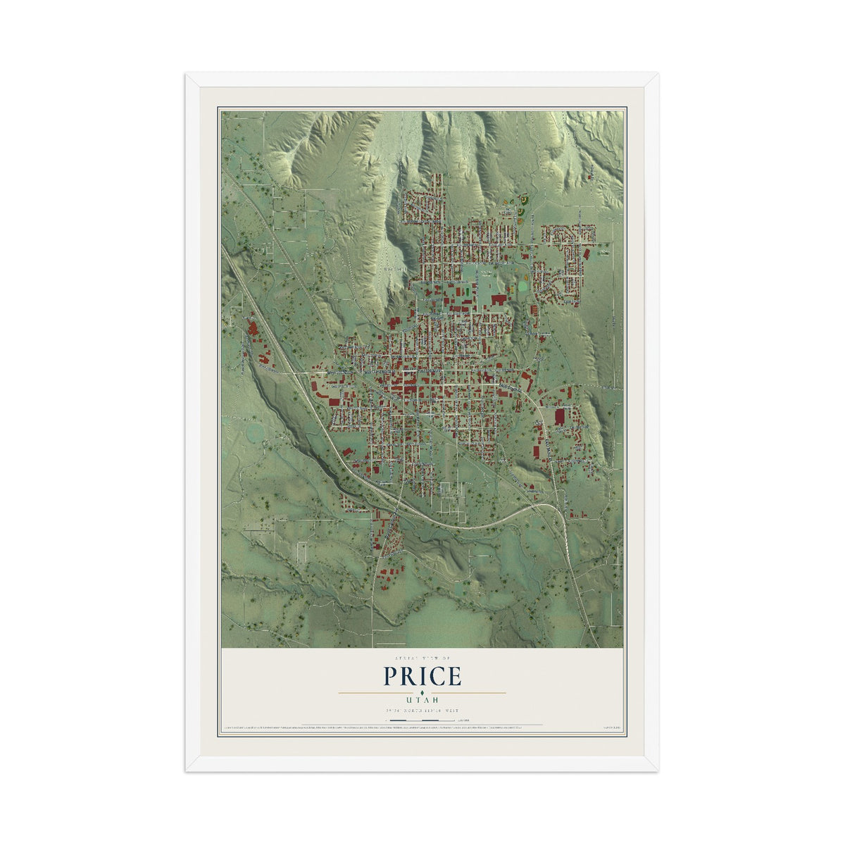 Map of Price, Utah, 12 x 18 inch print in a white wood frame