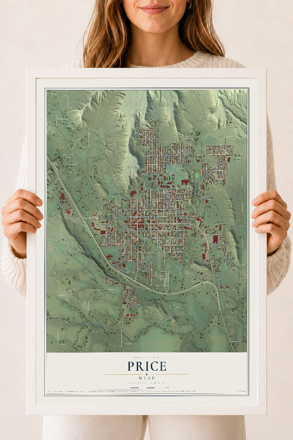 Map of Price, Utah, 18 x 24 inch print in a white wood frame