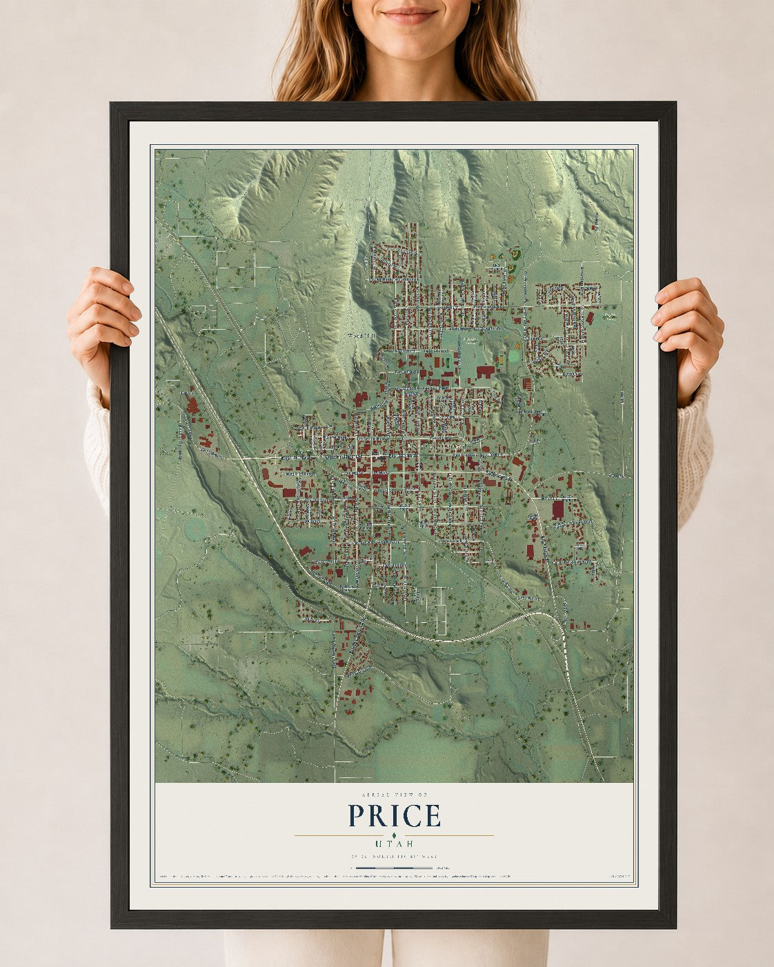 Map of Price, Utah, 24 x 36 inch print in a black wood frame