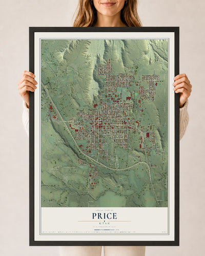 Map of Price, Utah, 24 x 36 inch print in a black wood frame