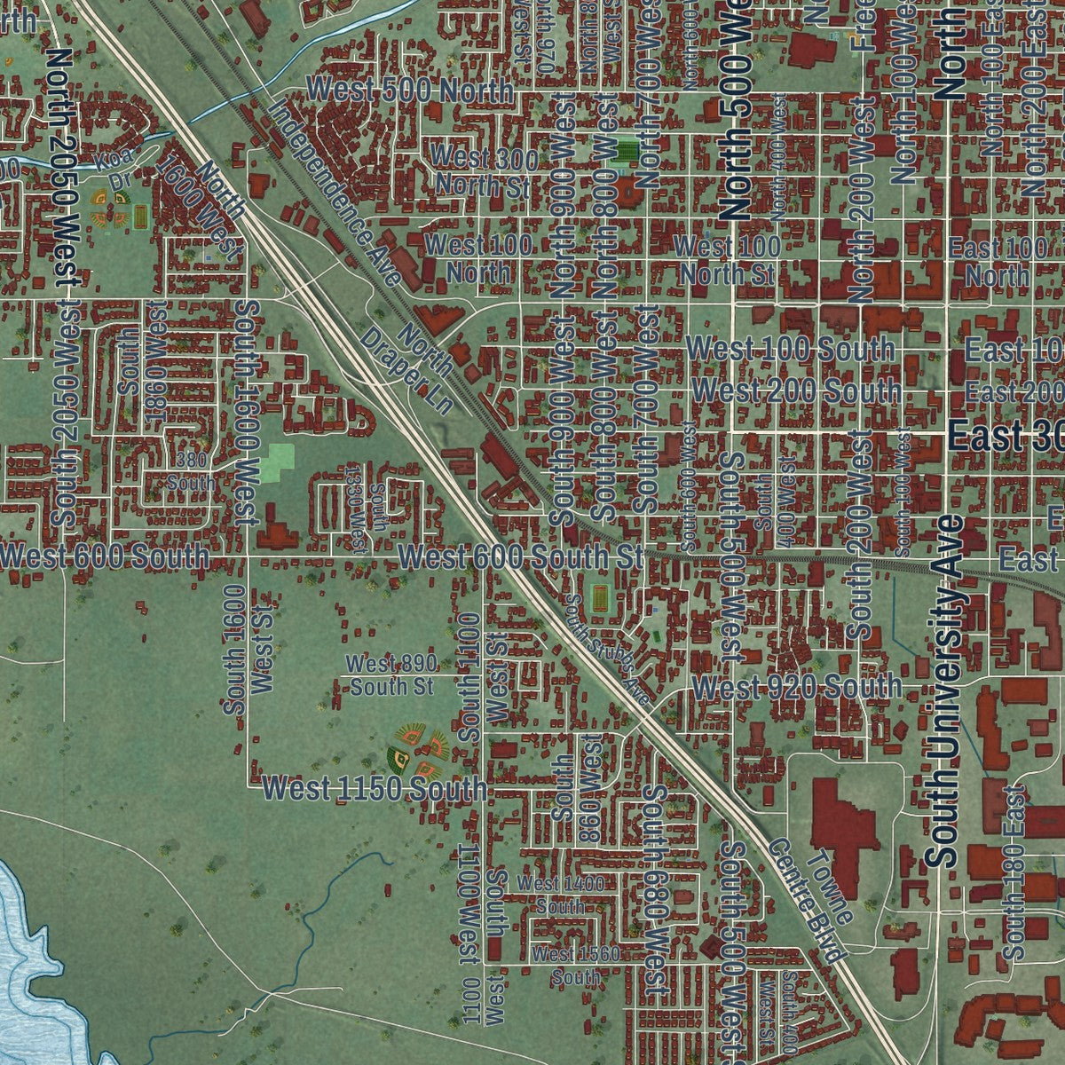 Second close-up of the map of Provo, Utah print showing more streets and buildings
