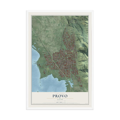 Map of Provo, Utah, 12 x 18 inch print in a white wood frame