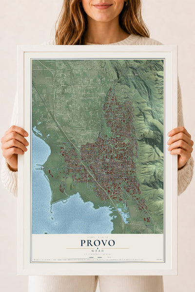 Map of Provo, Utah, 18 x 24 inch print in a white wood frame