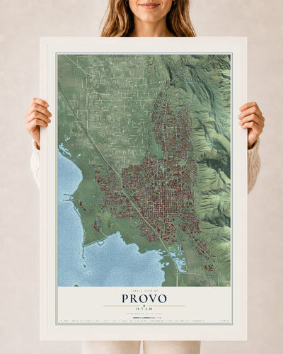 Map of Provo, Utah, 24 x 36 inch print in a white wood frame