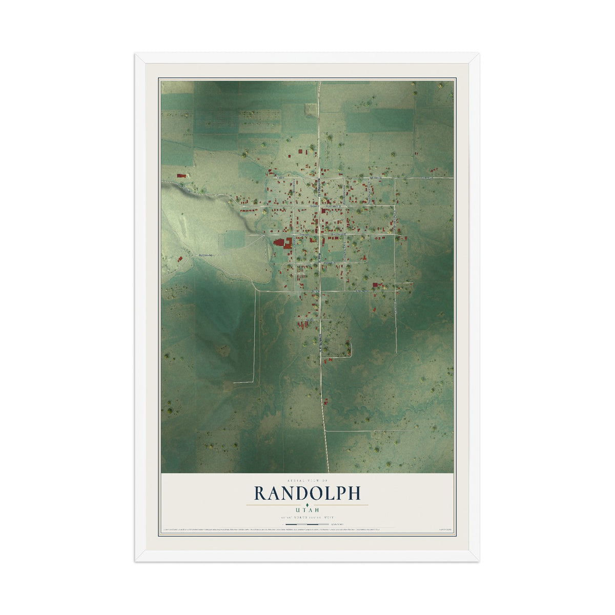 Map of Randolph, Utah, 12 x 18 inch print in a white wood frame