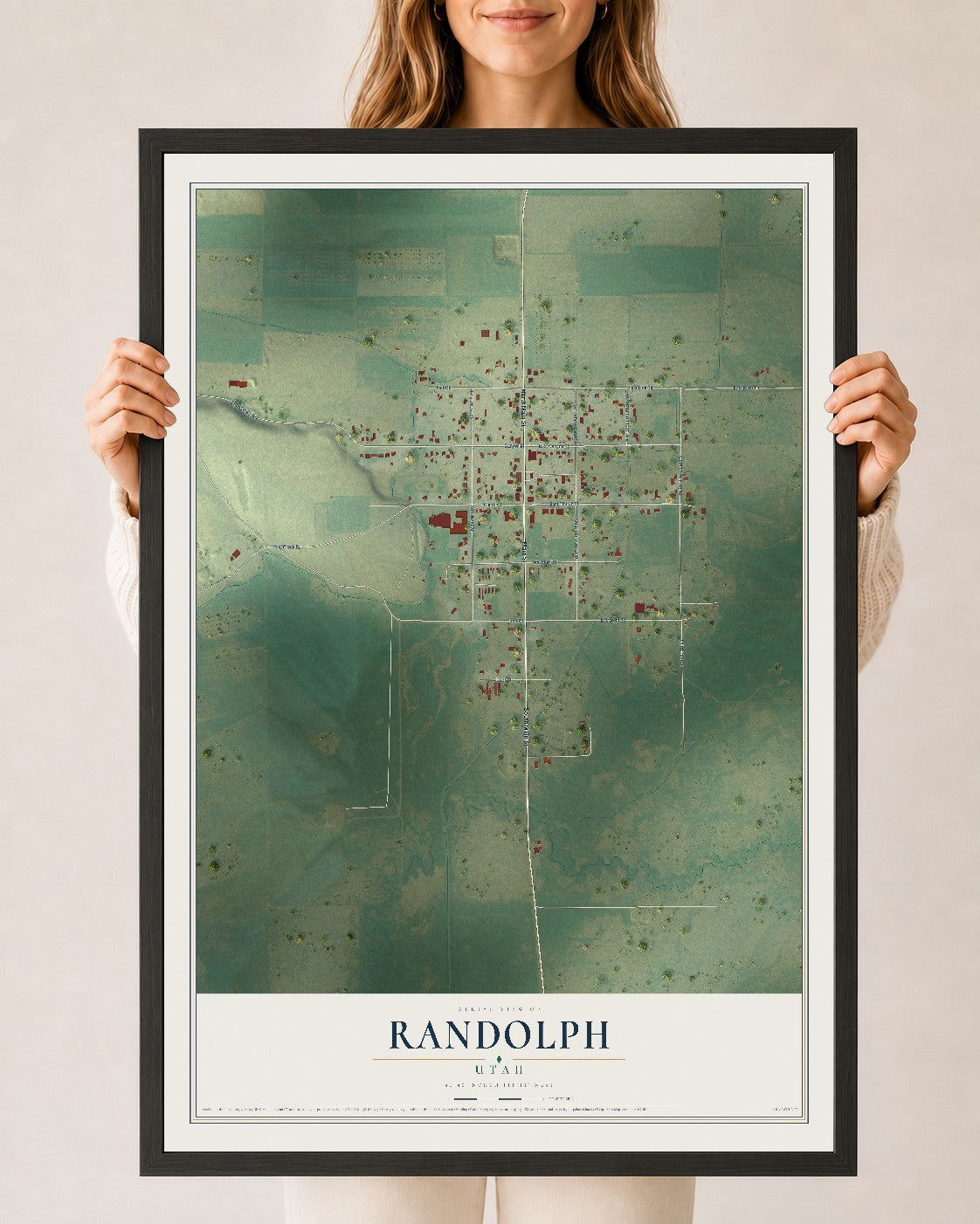 Map of Randolph, Utah, 24 x 36 inch print in a black wood frame