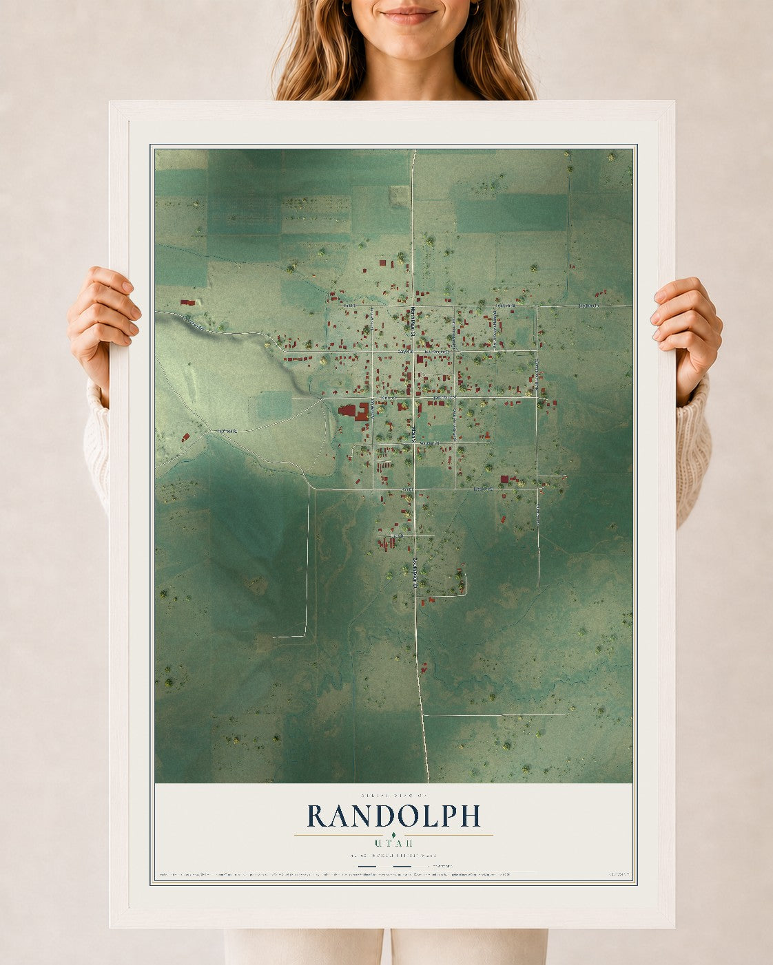 Map of Randolph, Utah, 24 x 36 inch print in a white wood frame