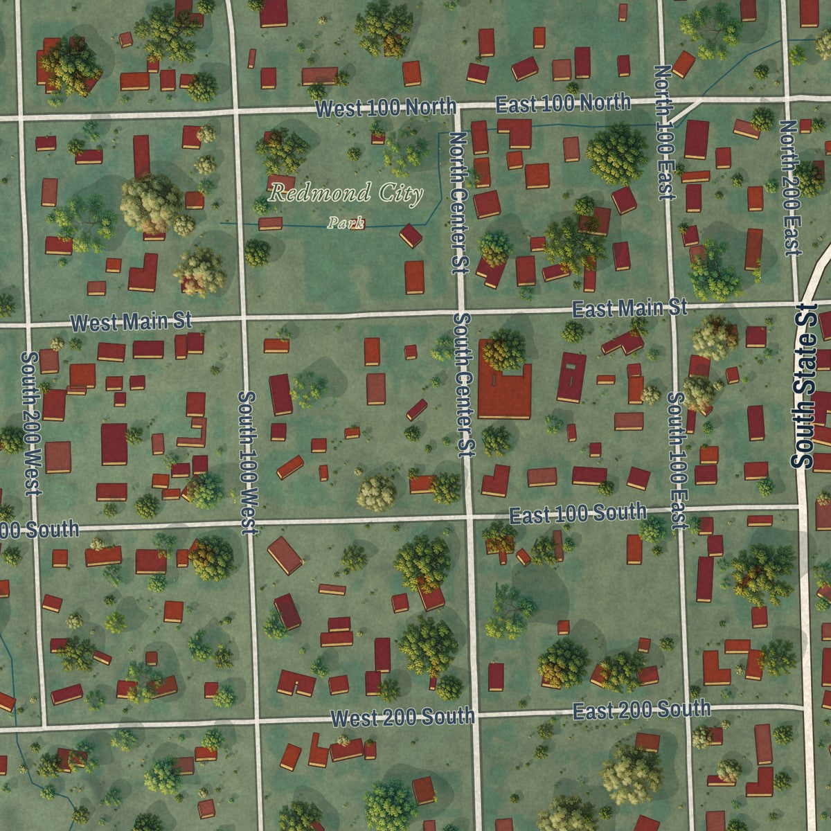 Close-up of the map of Redmond, Utah print showing street and building detail