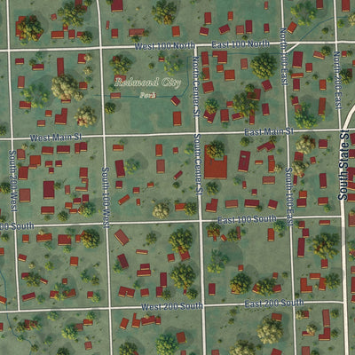 Close-up of the map of Redmond, Utah print showing street and building detail