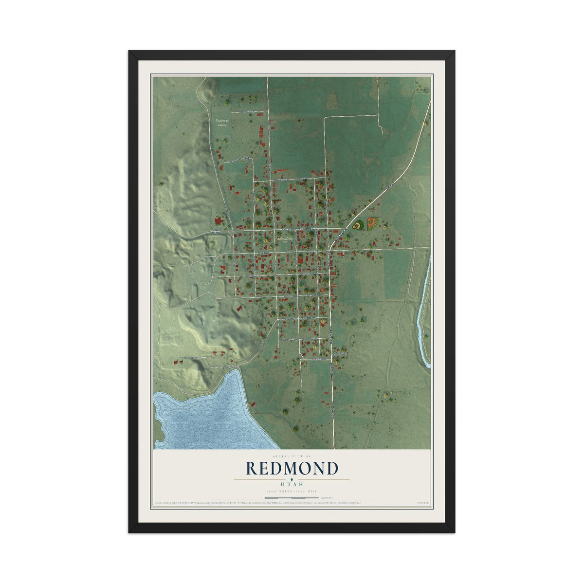 Map of Redmond, Utah, 12 x 18 inch print in a black wood frame