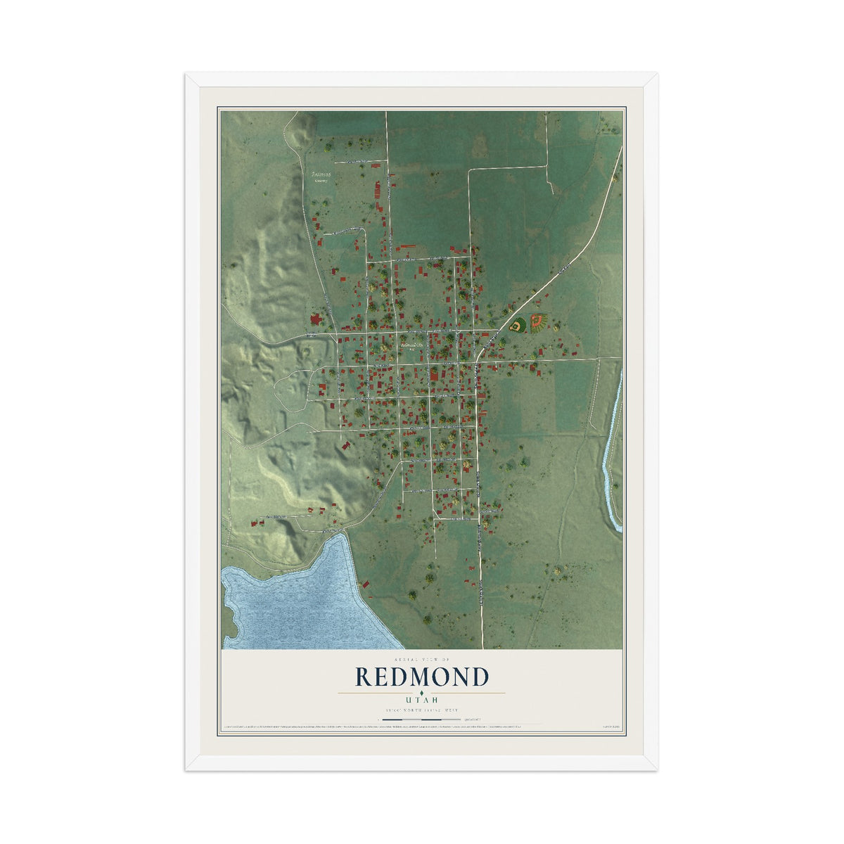 Map of Redmond, Utah, 12 x 18 inch print in a white wood frame