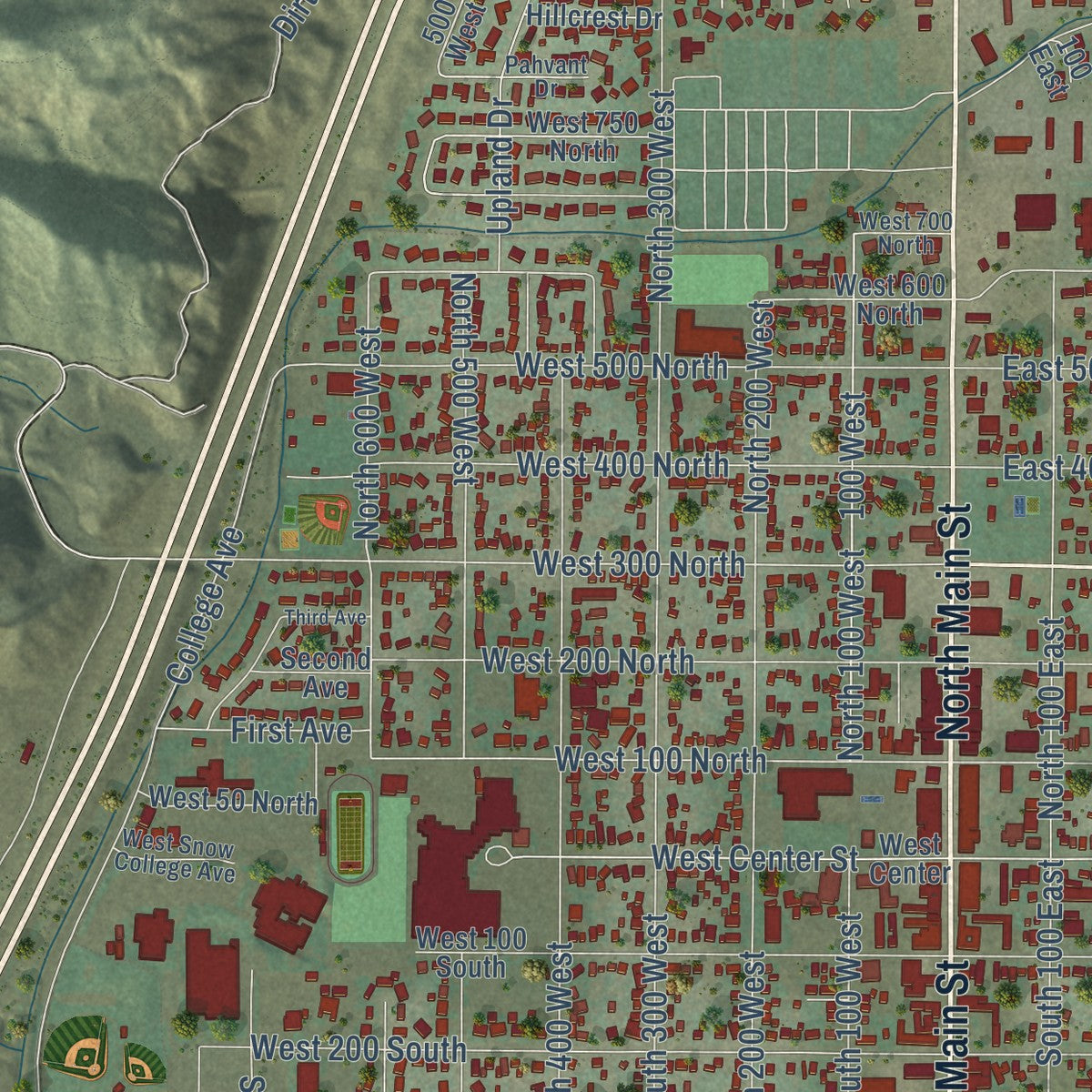 Close-up of the map of Richfield, Utah print showing street and building detail