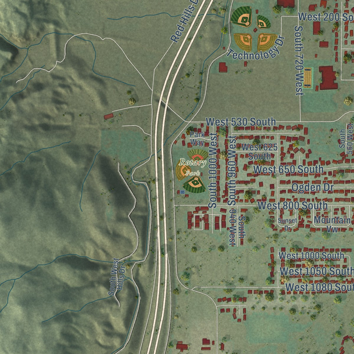 Second close-up of the map of Richfield, Utah print showing more streets and buildings