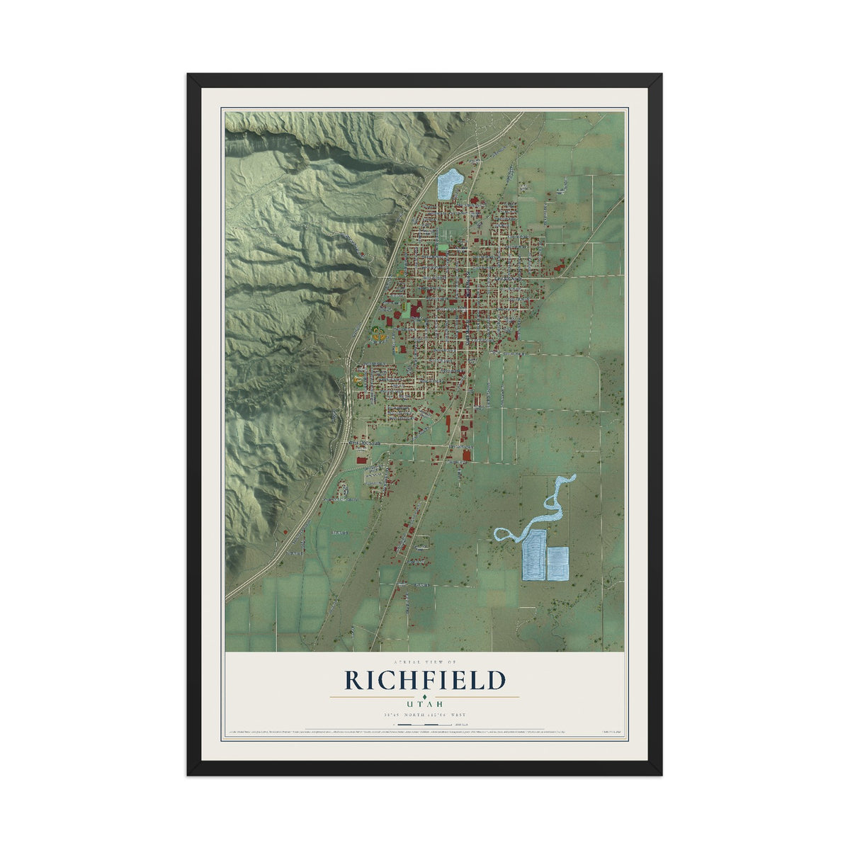 Map of Richfield, Utah, 12 x 18 inch print in a black wood frame