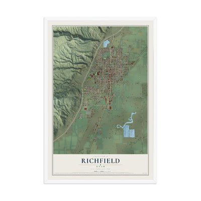 Map of Richfield, Utah, 12 x 18 inch print in a white wood frame