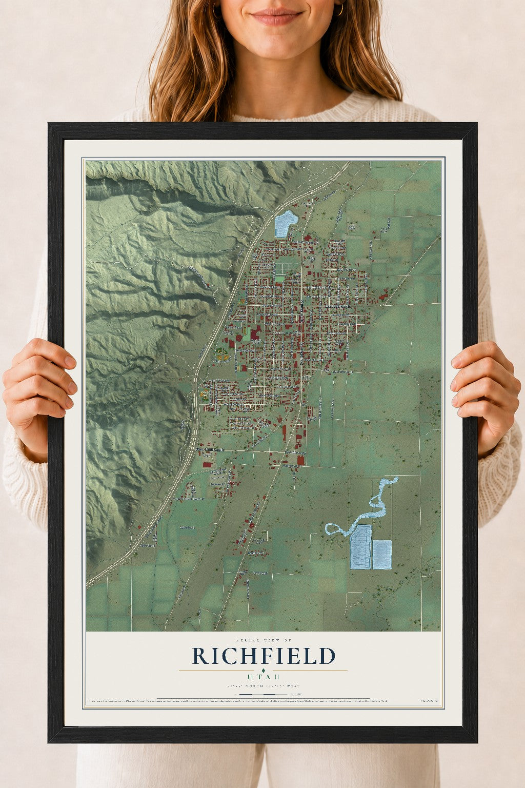 Map of Richfield, Utah, 18 x 24 inch print in a black wood frame
