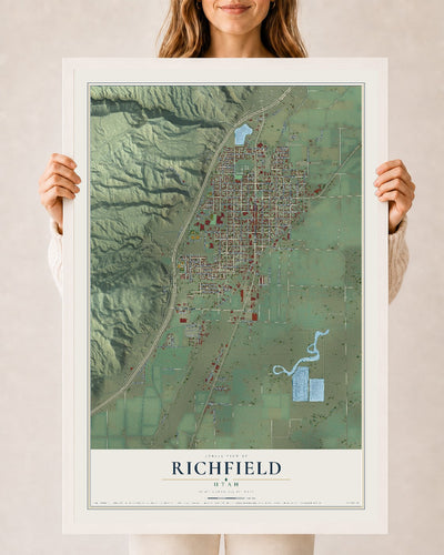Map of Richfield, Utah, 24 x 36 inch print in a white wood frame