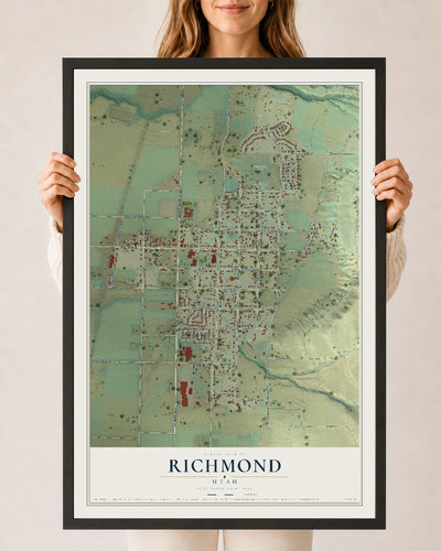 Map of Richmond, Utah, 24 x 36 inch print in a black wood frame