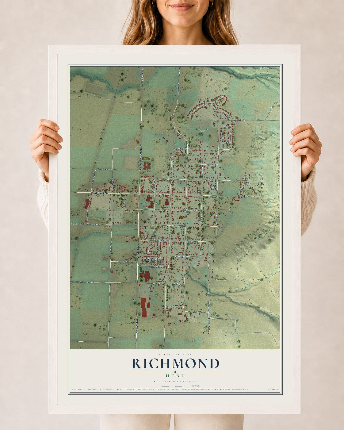 Map of Richmond, Utah, 24 x 36 inch print in a white wood frame