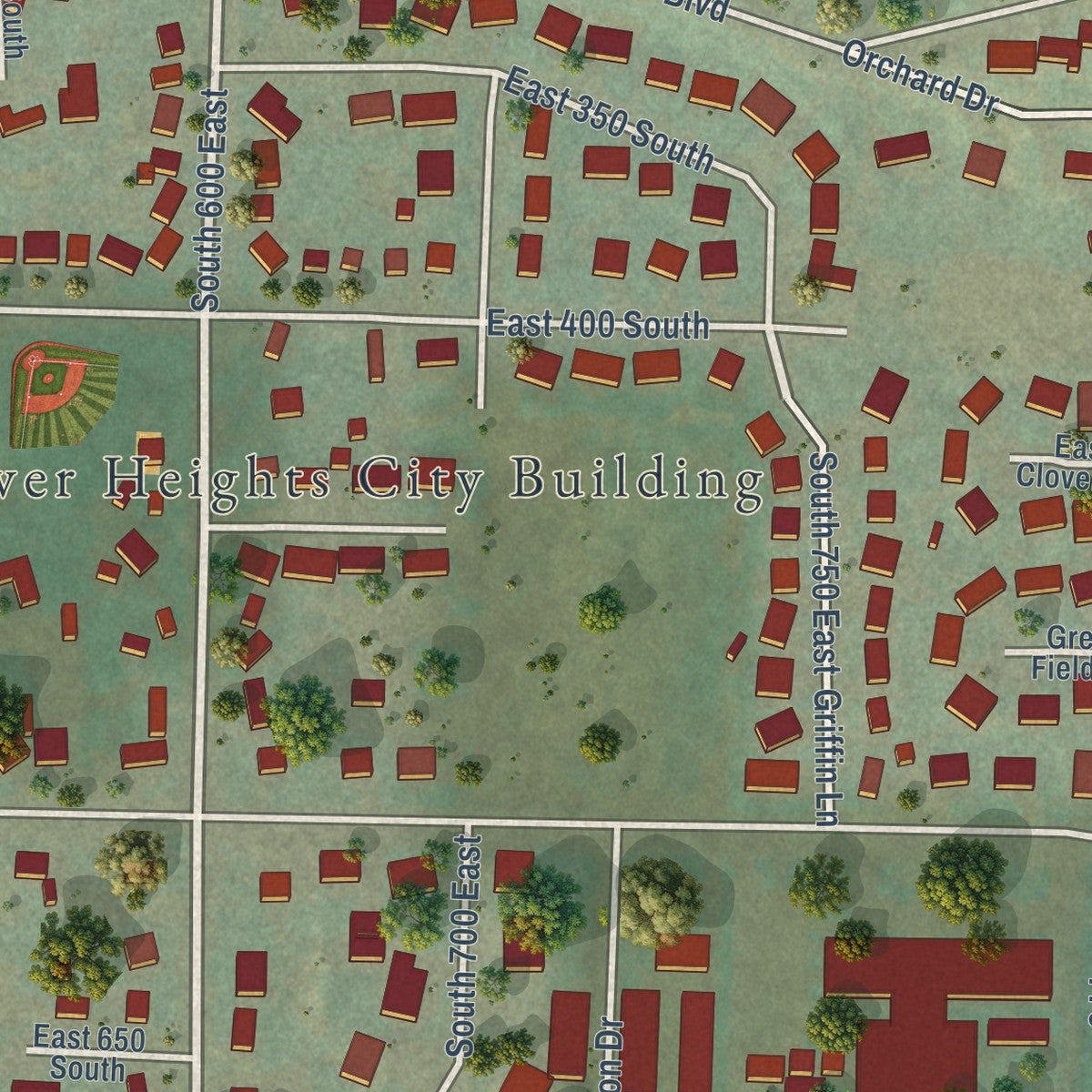 Close-up of the map of River Heights, Utah print showing street and building detail