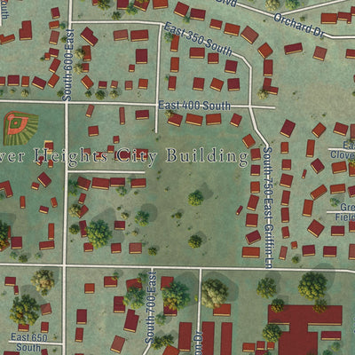 Close-up of the map of River Heights, Utah print showing street and building detail