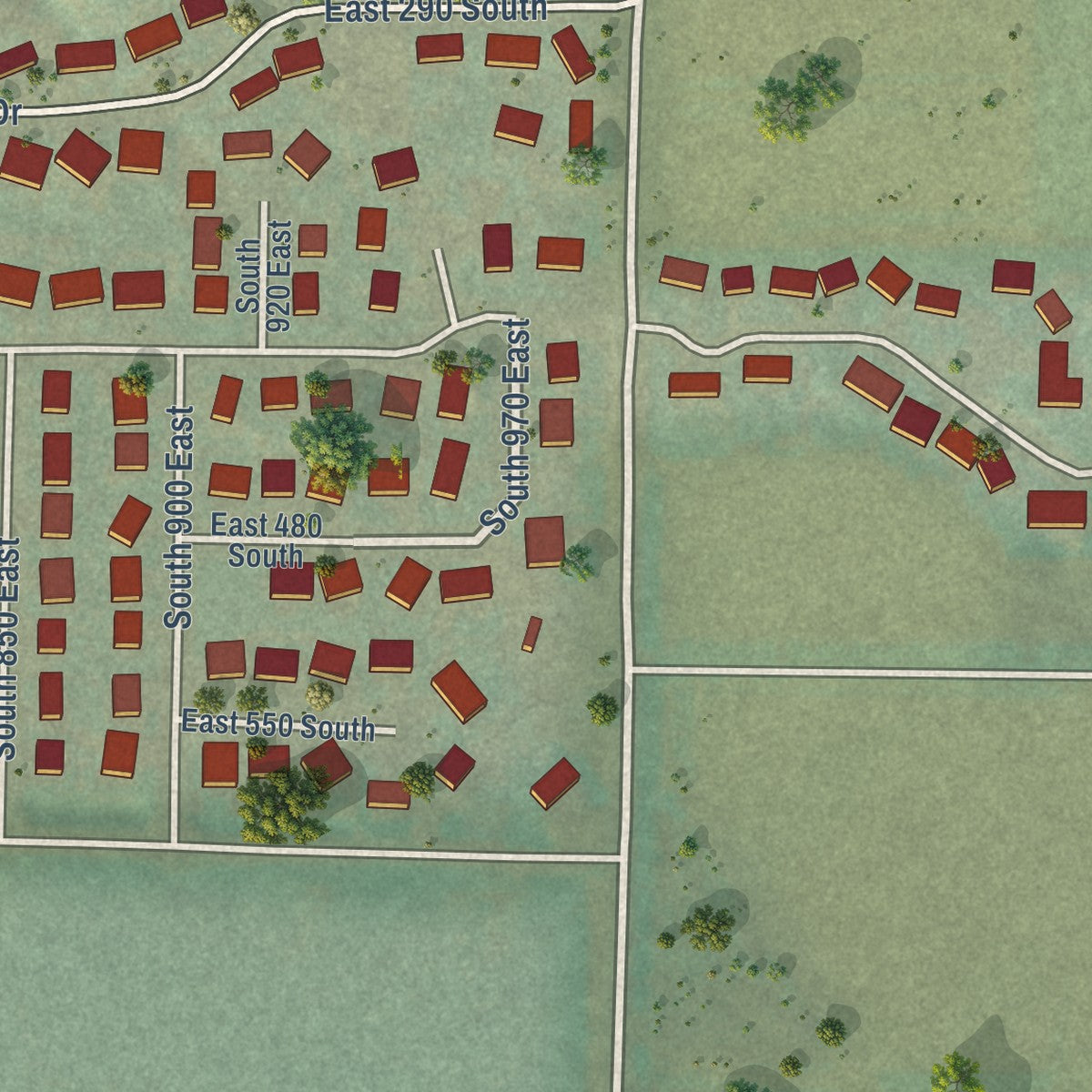 Second close-up of the map of River Heights, Utah print showing more streets and buildings
