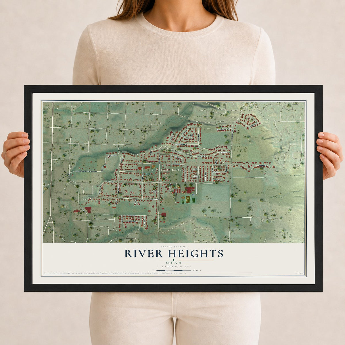 Map of River Heights, Utah, 12 x 18 inch print in a black wood frame