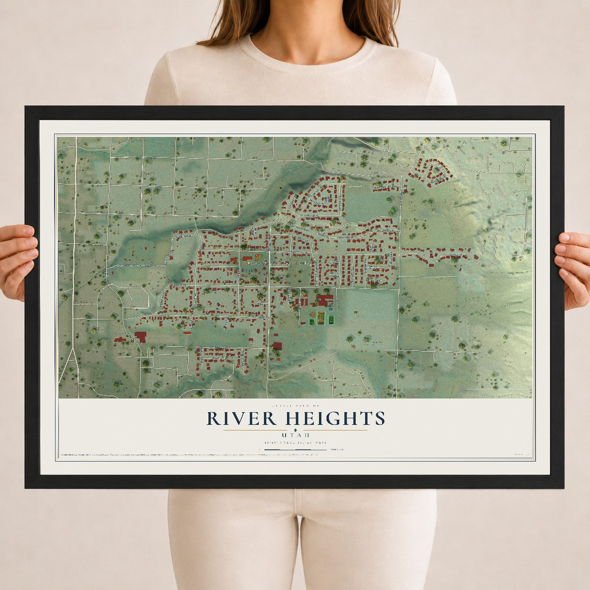 Map of River Heights, Utah, 18 x 24 inch print in a black wood frame