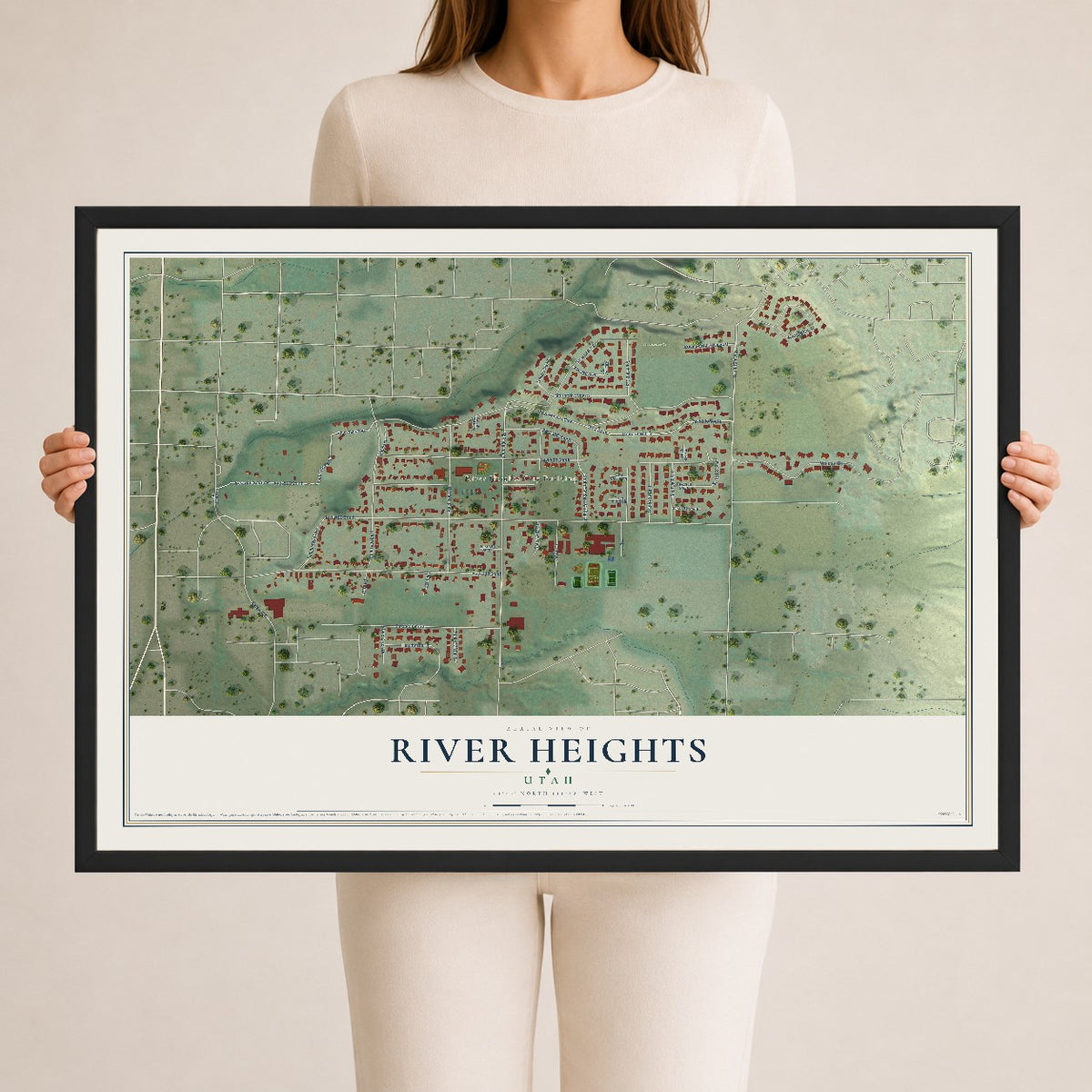 Map of River Heights, Utah, 24 x 36 inch print in a black wood frame