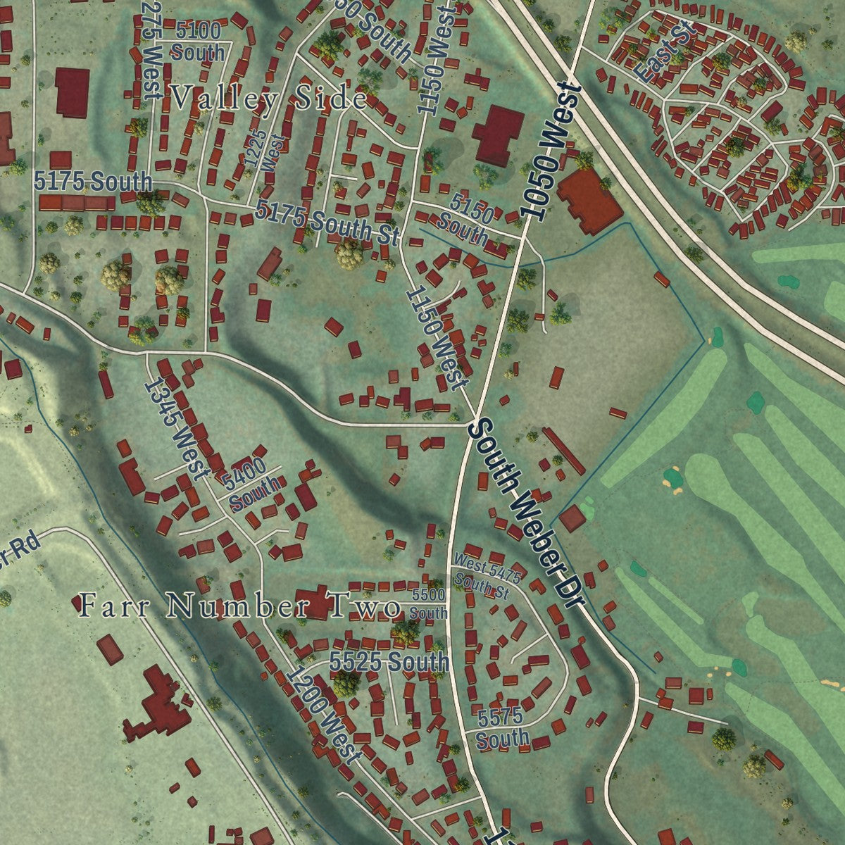 Second close-up of the map of Riverdale, Utah print showing more streets and buildings