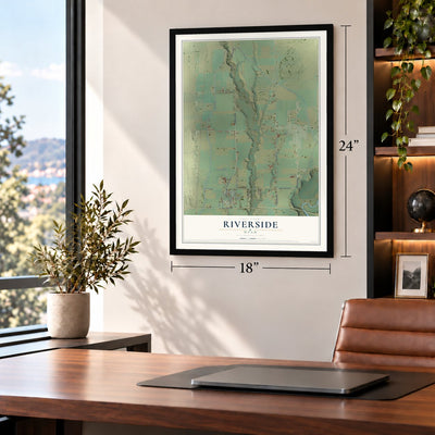 Riverside, Utah map, 18 x 24 inch print in a black frame in a home office